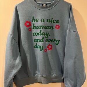 PacSun Blue Crewneck Sweatshirt with Green Script & Red Floral Accents